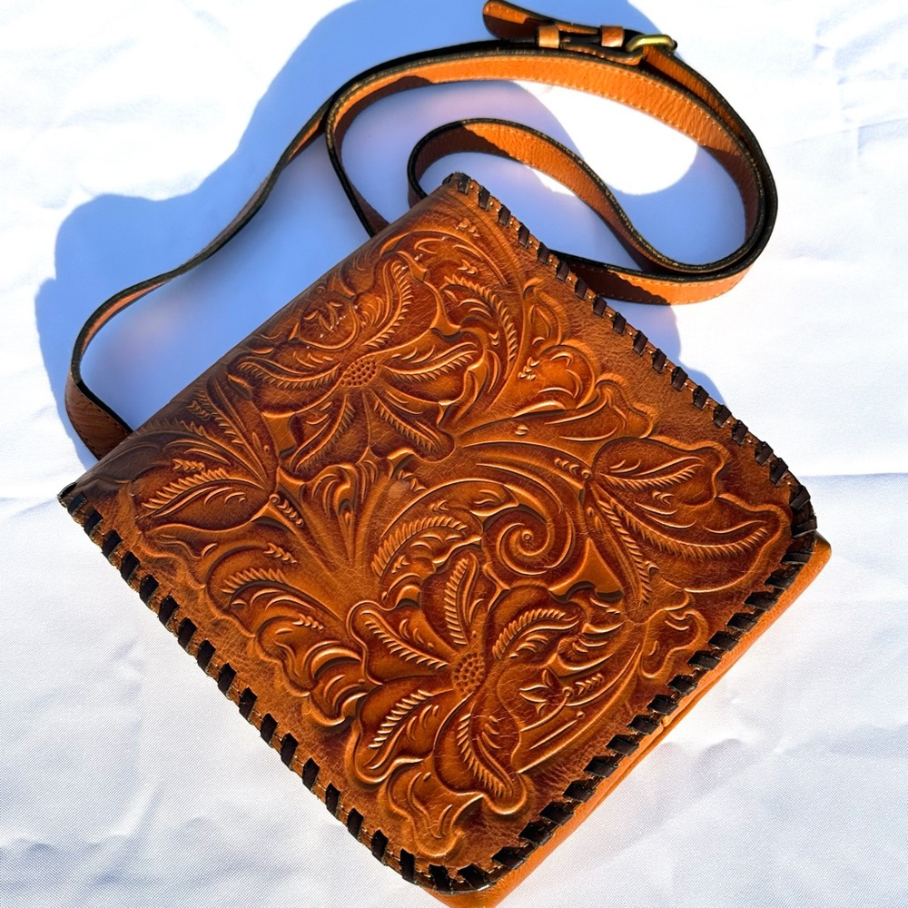 Tooled Leather Crossbody Bag - Tan - Picture 14 of 15